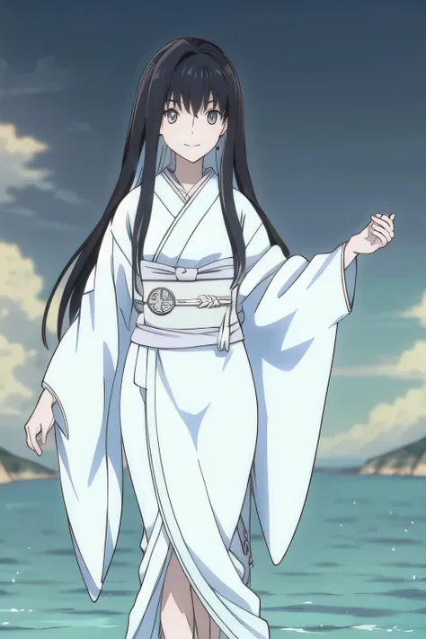 can you draw a woman floating on the sea, aura,can you draw a picture of an angel wearing a feather robe,long haired woman,face is absolutely necessary,Coordination wearing a kimono, beautiful smiling woman , Dancing in the air, I need my whole body ,Accu...