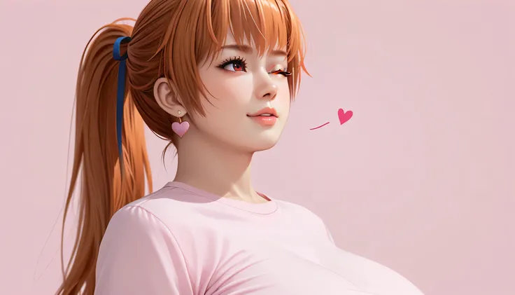 Japanese beautiful girl,   huge breasts, cowboy shots, ，乳沟，低胸, ,earrings, 
 playfully,, , many little hearts.  pink color background, winked with one eye, close one eye, many little hearts，ponytail, kasumi, orange hair, tight shirt, pink shirt
sakura