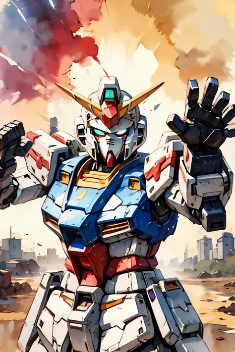 (masterpiece),(best quality),(Very detailed),(High resolution),((watercolor)),(Anime Style),8k,Hard Edge,robot,機動戦士Gundam,Gundam,RX78-2,((Twin Eye)),(watercolor画の飛沫、Oozing、Blurry、Blotting、Effective use of fading techniques),8k, premium performance, premium...