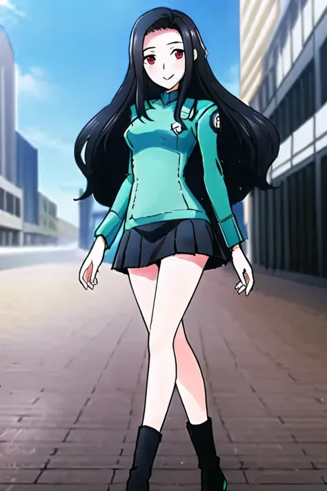 dark long-haired woman sightseeing in the city，wearing miniskirt police uniform，,A woman with a lovely smile，sleeveless sweater，pleated miniskirt，high heels，Please draw a，face is absolutely necessary，Accurate representation of hands and legs，
