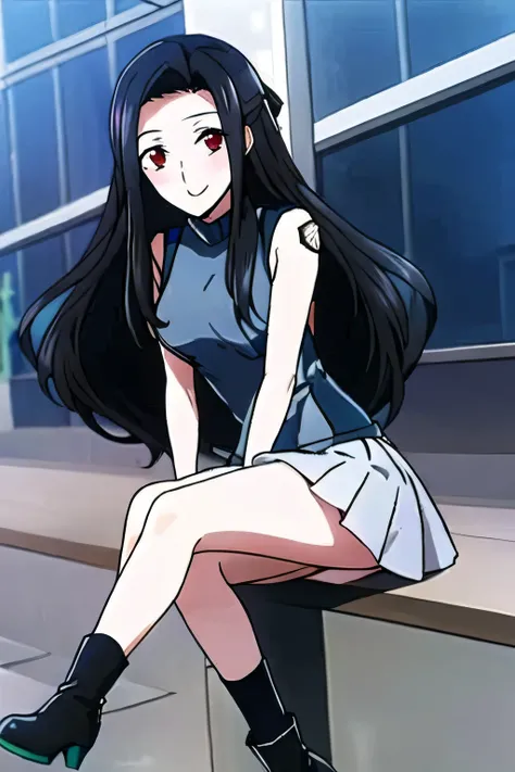 more delicately，Please draw the expression on the face of a woman with long black hair sightseeing in the city，miniskirt wearing a police uniform，, beautiful smiling woman ，sleeveless sweater，pleated miniskirt，high heels，please draw，face is absolutely nece...