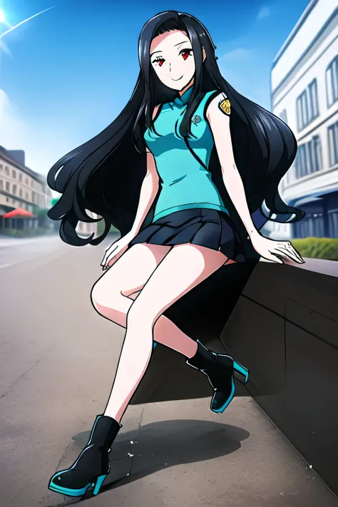 more delicately，Please draw the expression on the face of a woman with long black hair sightseeing in the city，miniskirt wearing a police uniform，, beautiful smiling woman ，sleeveless sweater，pleated miniskirt，high heels，please draw，face is absolutely nece...