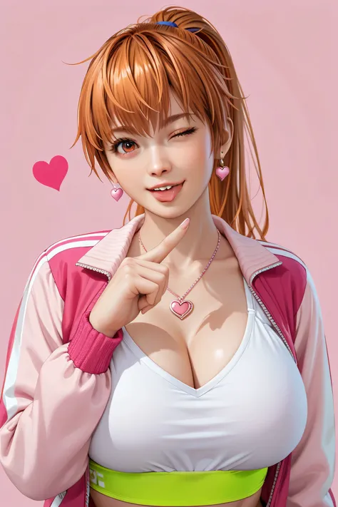 Japanese beautiful girl,   huge breasts, cowboy shots, half body，乳沟，低胸, ,earrings, necklace
playfully, , many little hearts, pink color background,  winked with one eye, tongue out,  one eye open, one eye close, ponytail, kasumi, orange hair, Hold up the i...