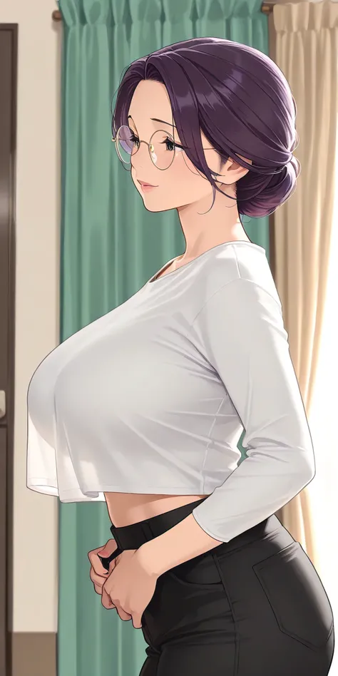 mature female, housewife, purple hair, chignon hair, soft reaction, overhang, midriff, white Shirt, , black pants , from side, indoors, curtains, milf, soft light, high detailed, best quality, cowboy shot, round glasses, arms aside 