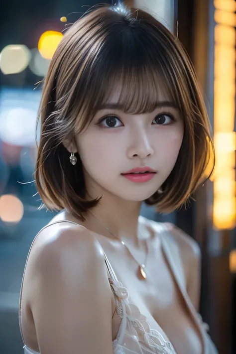 (薄暗いスタジオin、sexy A lingerie model poses。spotlight that looks like it was taken with RAW shooting equipment illuminates her breathtaking beauty。wears shiny satin lingerie、Emphasize the cleavage、Has a seductive smile。官能的inミステリアスな雰囲気が、エロティックな写真撮影のmasterpieceを予...