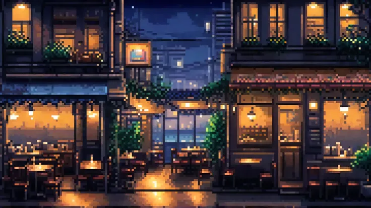 2D pixel art in retro video game style, 16-bit. A small cozy café in the middle of a quiet city at night, dim warm lighting from windows and street lamps, dark blue tones, peaceful and moody atmosphere, no characters.