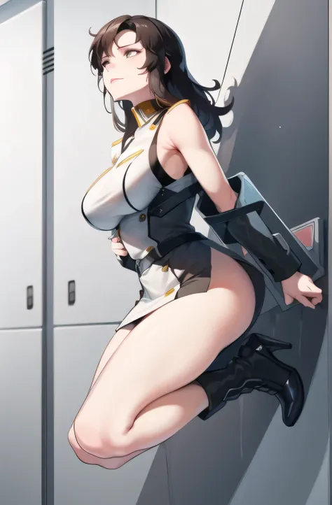 Please give me an accurate expression of her hands and legs，draw a sad face more delicately，draw a woman with medium brown long hair，draw a more delicate expression，a cop wearing a miniskirt，Figure with restrained limbs，Draw a woman who is suddenly restrai...