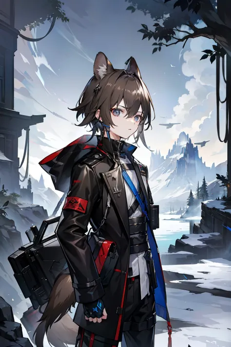 Arknights style, arknite design, character Arknights, Kerak, ferret boy, Coat, ferret man, simple set, operator, natural man , , brunette, , brunetteอ่อน, Black eyes, Ferret's Tail Ear, Mountain Forest View