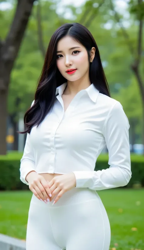 a beautiful woman, standing in the city park , use long sleeve formal shirt of white color, leggings in white, big red lips