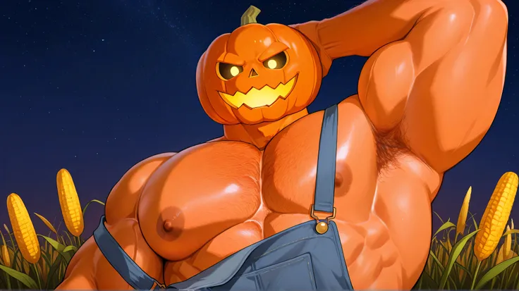 1boy, [jackolantern, male, pumpkin head, orange skin, muscular, big pecs, hairy, shirtless, overalls], happy expression, looking at viewer, chest up shot, corn field, nighttime, starry sky
