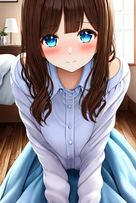 beautiful anime girl, sitting on floor, medium-length brown hair, side bangs, fluffy sky-blue shirt dress, slightly off-shoulder collar, bare legs, shy expression, blue eyes, soft blush, relaxed atmosphere, cozy room, wooden floor, bed in background, warm ...