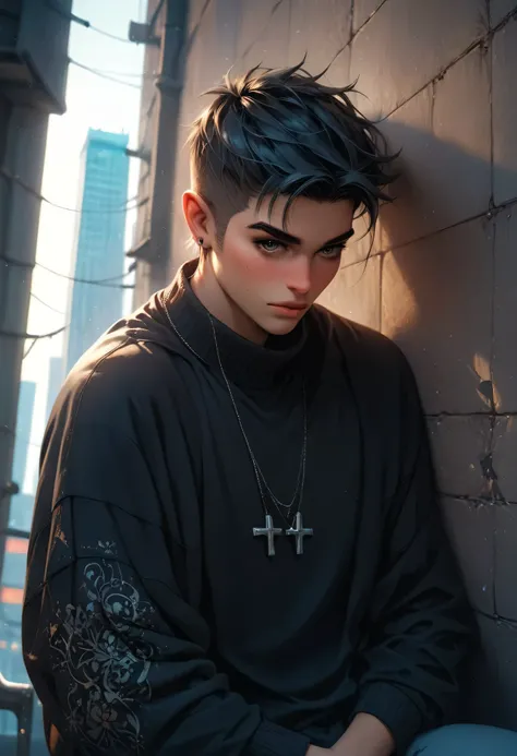 3/4 upper-body of an artistic boy sitting cross-legged on a city rooftop at dusk, holding a sketchbook in his lap, wearing a loose charcoal sweater falling off one shoulder, tousled hair catching the amber light, city skyline and clouds behind, focused yet...