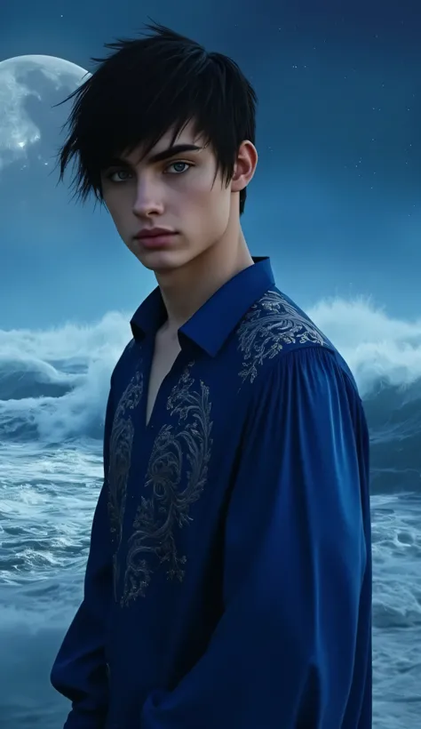 Hyper-realistic portrait of an androgynous young man with tousled black hair and icy blue eyes, wearing a silky midnight-blue vintage poet shirt with silver embroidery and billowing sleeves. He stands against a moonlit seascape, with crashing waves and shi...