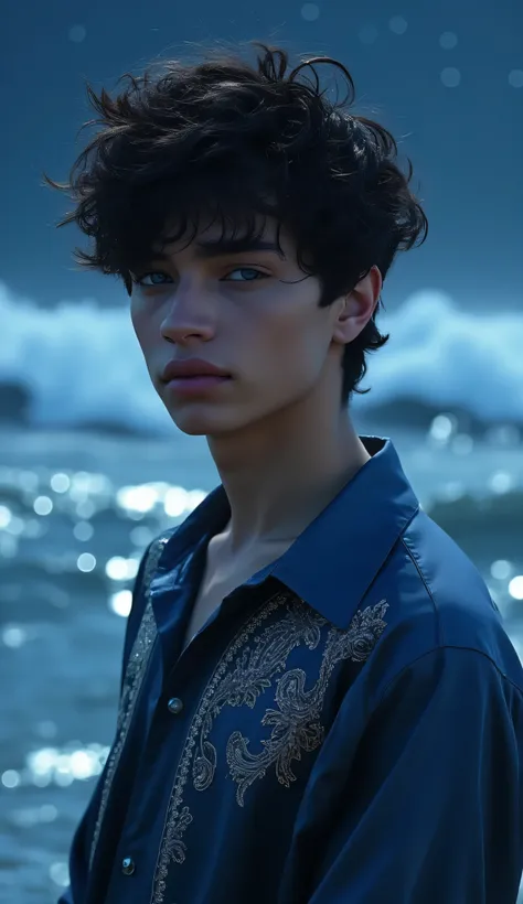 Hyper-realistic portrait of an androgynous young man with tousled black hair and icy blue eyes, wearing a silky midnight-blue vintage poet shirt with silver embroidery and billowing sleeves. He stands against a moonlit seascape, with crashing waves and shi...