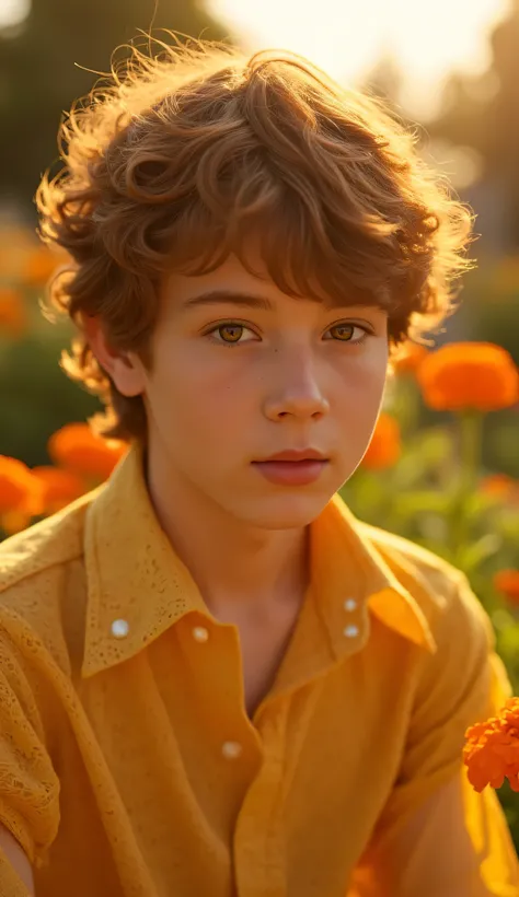 Ultra-realistic close-up of a soft-featured young man with chestnut curls and hazel eyes, dressed in a vintage golden-yellow lace blouse with a wide collar and pearl buttons. He's seated in a blooming garden during golden hour, surrounded by marigolds and ...
