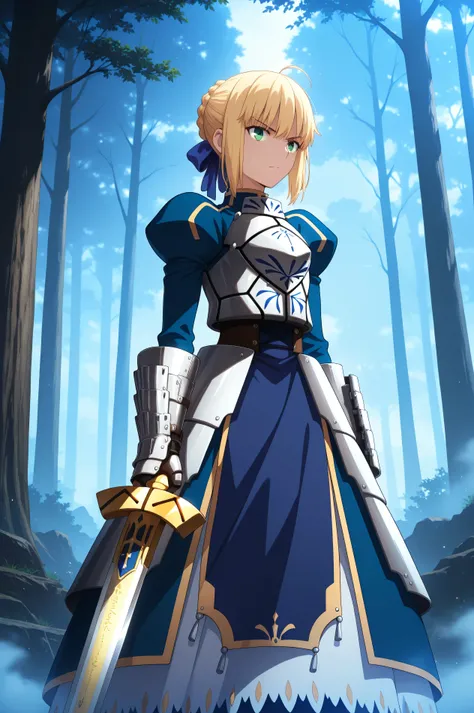  Anime Screenshot, masterpiece,  best quality,
 1 girl, alone,  closed mouth, Serious,
blondes,  green eyes,  short hair while on a business trip,  French Braid  , stupid hair,  hair bow,  blue ribbon ,
Gold Sabre Armor  , breastplate,  blue dress, gauntle...