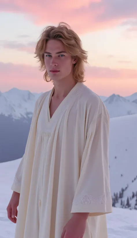 Realistic portrait of an ethereal young man with sandy brown hair and pale blue eyes, dressed in a soft ivory-white embroidered robe with flowing sleeves. The background is a serene snowy mountaintop under a pastel sunrise sky, soft pink and lavender cloud...
