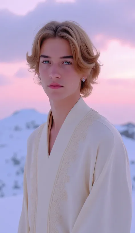 Realistic portrait of an ethereal young man with sandy brown hair and pale blue eyes, dressed in a soft ivory-white embroidered robe with flowing sleeves. The background is a serene snowy mountaintop under a pastel sunrise sky, soft pink and lavender cloud...