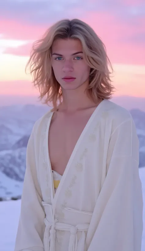 Realistic portrait of an ethereal young man with sandy brown hair and pale blue eyes, dressed in a soft ivory-white embroidered robe with flowing sleeves. The background is a serene snowy mountaintop under a pastel sunrise sky, soft pink and lavender cloud...
