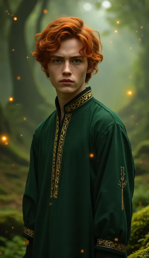 Hyper-realistic portrait of a young man with deep green eyes and auburn curls, wearing a dark forest green vintage tunic with gold-trimmed embroidery. He stands in a mossy enchanted forest with shafts of light breaking through the trees and fireflies float...