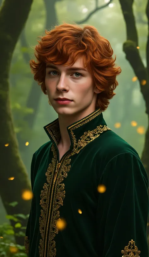 Hyper-realistic portrait of a young man with deep green eyes and auburn curls, wearing a dark forest green vintage tunic with gold-trimmed embroidery. He stands in a mossy enchanted forest with shafts of light breaking through the trees and fireflies float...