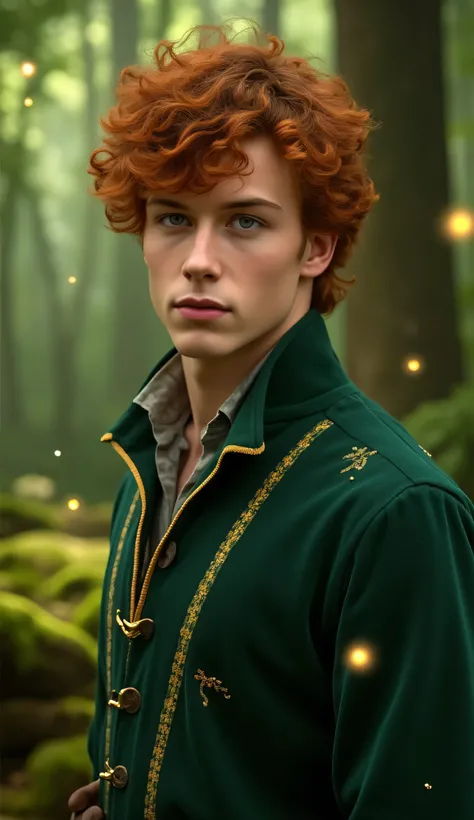 Hyper-realistic portrait of a young man with deep green eyes and auburn curls, wearing a dark forest green vintage tunic with gold-trimmed embroidery. He stands in a mossy enchanted forest with shafts of light breaking through the trees and fireflies float...