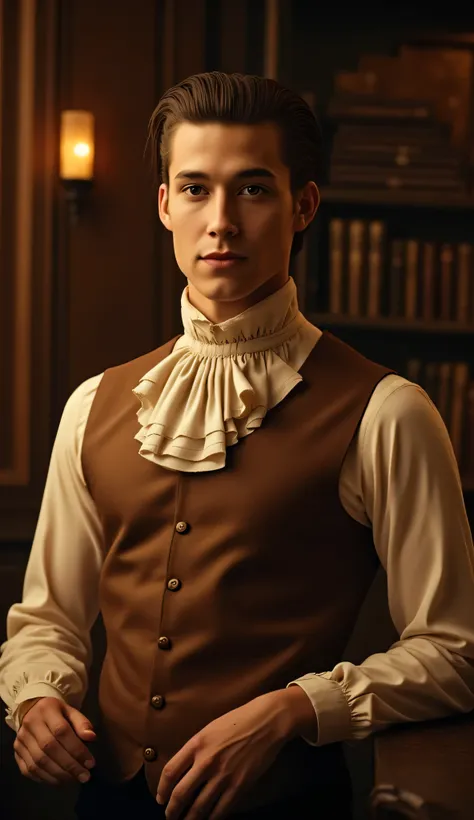 Hyper-realistic portrait of a young intellectual man with dark brown hair slicked back, wearing a sepia-toned vintage shirt with a ruffled cravat and old-style buttons. He poses beside an antique desk in a Victorian study with warm wood tones and golden ca...
