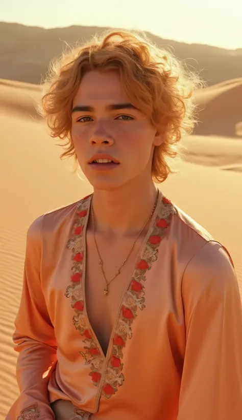 Hyper-realistic portrait of an androgynous young man with delicate freckles and strawberry blonde curls, dressed in a rose gold silk tunic with floral embroidery. He poses in a sun-drenched desert oasis, golden sand and shimmering mirages in the background...