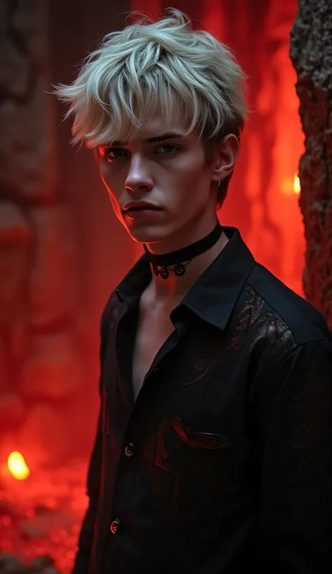 Realistic portrait of a striking androgynous youth with tousled silver hair, wearing a black lace shirt with subtle red detailing and a gothic choker. He’s lit by flickering firelight inside an ancient stone temple, with red embers and glowing runes surrou...