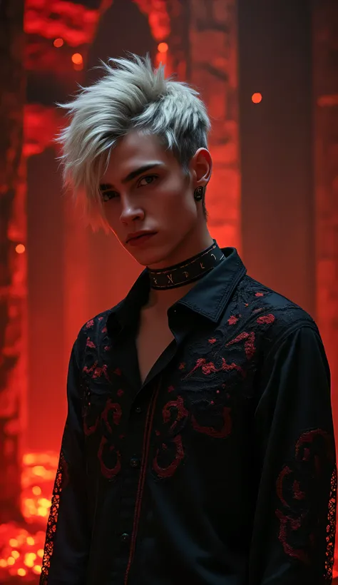 Realistic portrait of a striking androgynous youth with tousled silver hair, wearing a black lace shirt with subtle red detailing and a gothic choker. He’s lit by flickering firelight inside an ancient stone temple, with red embers and glowing runes surrou...