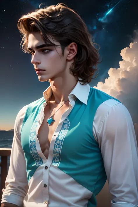 Hyper-realistic portrait of an androgynous young man with tousled dark brown wavy hair, soft porcelain skin, and vivid blue eyes. He wears a vintage-style, white lace shirt with an open chest and intricate embroidery, paired with a thin silver chain and st...