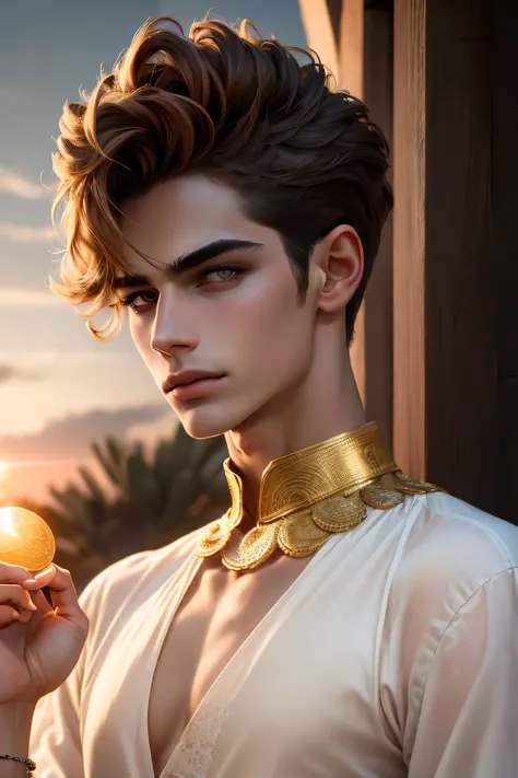 A hyper-realistic close-up portrait of a young androgynous man with tousled honey-brown curls, amber eyes, and luminous sun-kissed skin. He wears an antique ivory embroidered shirt with golden thread, slightly open, with a sheer veil draped loosely over on...