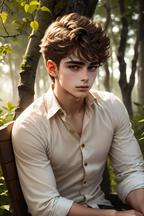 Hyper-realistic portrait of a soft-featured young boy around 14, with short tousled chestnut brown hair, large expressive hazel eyes, and smooth dewy skin. He wears a loose cream-colored linen shirt with mother-of-pearl buttons, sleeves slightly rolled up....