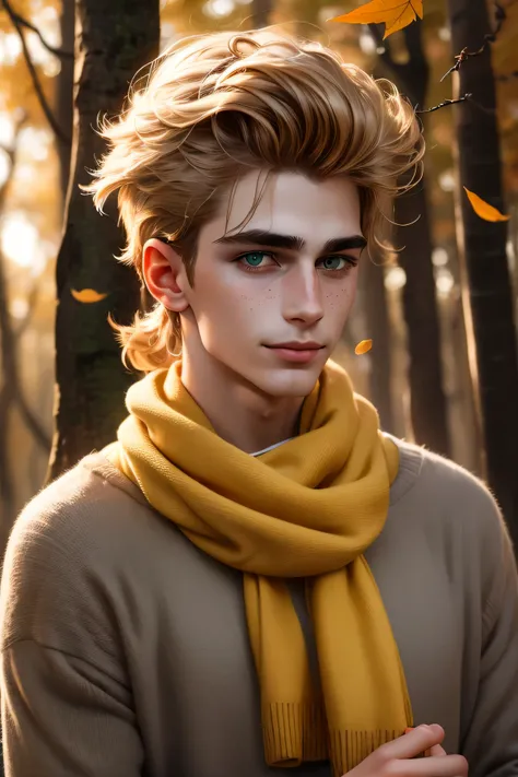 A hyper-realistic portrait of a gentle young boy with messy strawberry-blonde hair, bright green eyes, and light freckles across his cheeks. He’s dressed in a vintage mustard-yellow knit pullover and a soft scarf loosely wrapped around his neck. Fallen gol...