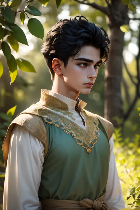 Hyper-realistic close-up of a young androgynous boy with soft jet-black hair, pale olive skin, and wide blue-gray eyes filled with wonder. He wears a sage-green tunic with lace collar detail, partially hidden beneath a cascade of hanging leaves. He looks u...
