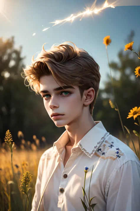 Portrait of a cute young boy with fluffy light brown hair and soft amber eyes, resting in a field of tall grass and wildflowers. He wears a simple white cotton shirt with delicate embroidery on the collar, open at the throat. Sunlight glows behind him, cre...