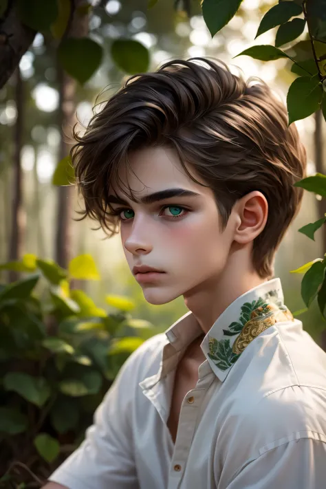 Hyper-realistic portrait of a gentle and androgynous young boy around 13, with short, softly tousled dark brown hair and clear porcelain skin with a natural blush. His eyes are large, round, and a striking shade of blue-green, shimmering with youthful curi...