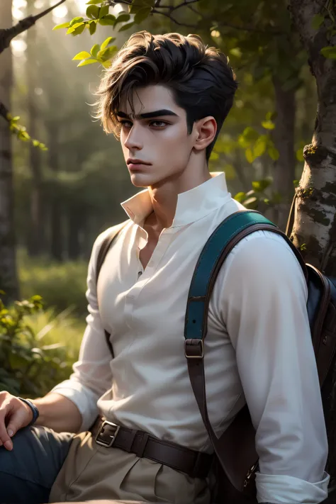 A calm, handsome young man with short black hair, pale skin, and sharp blue-gray eyes sits under a canopy of deep green forest leaves. He wears a high-collar slate-gray tunic with subtle floral stitching and a leather satchel strap across his chest. His ex...