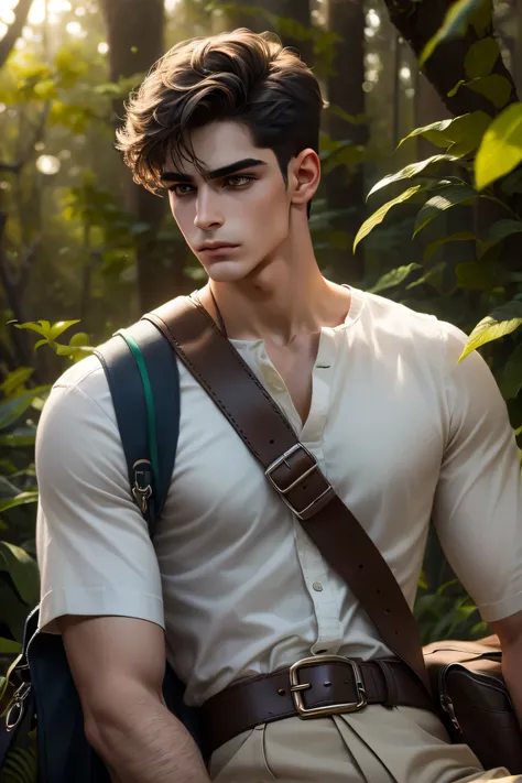 A calm, handsome young man with short black hair, pale skin, and sharp blue-gray eyes sits under a canopy of deep green forest leaves. He wears a high-collar slate-gray tunic with subtle floral stitching and a leather satchel strap across his chest. His ex...