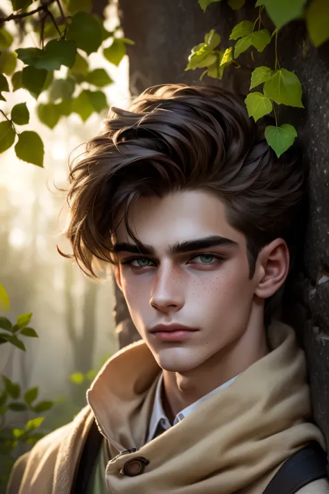 Close-up portrait of a 24-year-old soft-featured man with short dark brown hair slicked back slightly by morning mist, light freckles on pale skin, and tranquil gray eyes. He wears a forest green cloak over a textured beige shirt, slightly damp from fog. I...