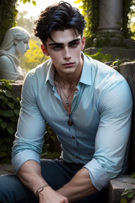 Portrait of an elegant 24-year-old man with short raven-black hair, icy blue eyes, and smooth alabaster skin. He’s seated on a cracked stone bench overrun with creeping ivy and leaves. He wears a pale blue open-collared shirt with a silver pendant resting ...