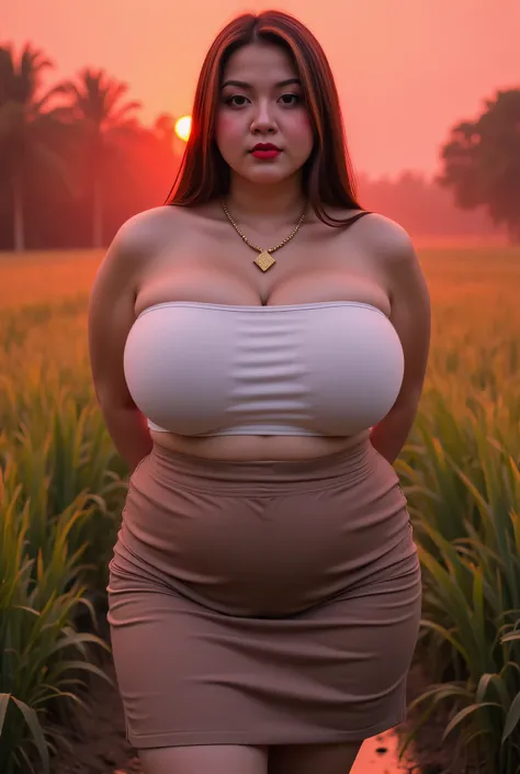 Bbw Fat, ((Big Gold DIAMOND Necklace)), Straight hair covers the ears perfectly, Wearing cotton plain Strapless , (( wearing Short Pencil Skirt )),  view from the front,  both hands lying behind back, background rice paddy. twilight is red atmosphere, FRON...