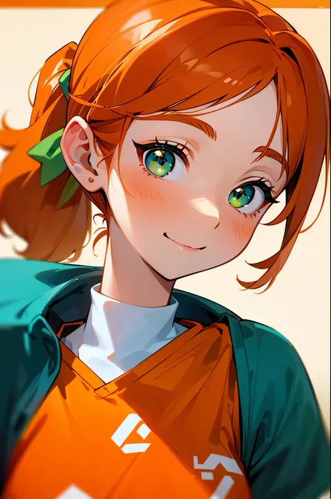 girl、solo、Orange Clothes、orange hair、Side Ponytail、Beautiful green eyes、Smile Yan、close-up of a small sports girl's upper body、airport、airportロビー