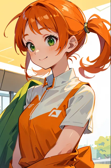 girl、solo、Orange Clothes、orange hair、Side Ponytail、Beautiful green eyes、Smile Yan、close-up of a small sports girl's upper body、airport、airportロビー