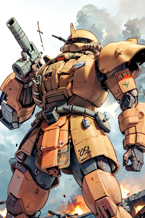 Please draw what you like.8k,The image features a Zaku II, a mobile suit from the Gundam series, depicted in a war-torn battlefield. The Zaku II is shown from a side angle, towering over the ground vehicles and the chaotic scene below. The mobile suit is i...