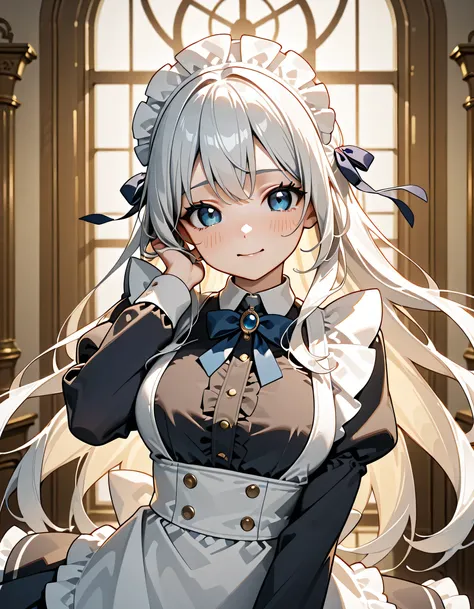 (score_9, score_8_up, score_7_up), source_Anime, absurd_res, white, purple, black, 1girl, solo, upper body, super fine illustration, an extremely delicate and beautiful, best quality, masterpiece, 8K, maid cafe setting, gentle breeze, long silver hair:1.3,...