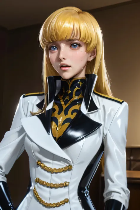 perfect anatomy　Highest Quality,highest resolution,(((shiny latex white military uniform　Blonde　long hair　straight 　trimmed bangs　Dark blue eyes　sweat　shiny skin　flat chest)))　code geass　Monica Kruszewski