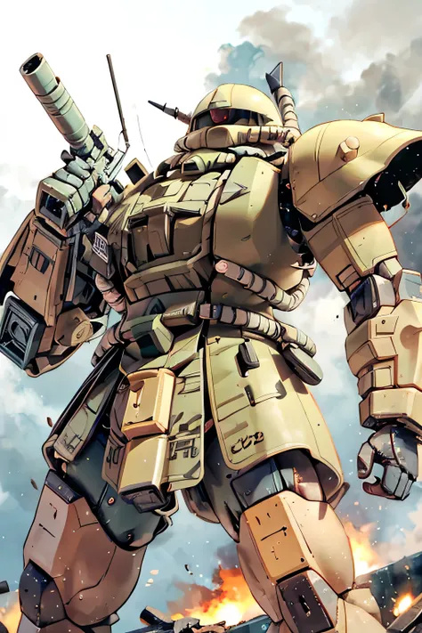 Please draw what you like.8k,The image features a Zaku II, a mobile suit from the Gundam series, depicted in a war-torn battlefield. The Zaku II is shown from a side angle, towering over the ground vehicles and the chaotic scene below. The mobile suit is i...