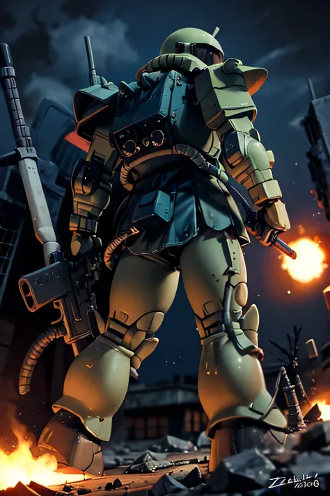 Please draw what you like.8k,The image features a Zaku II, a mobile suit from the Gundam series, depicted in a war-torn battlefield. The Zaku II is shown from a side angle, towering over the ground vehicles and the chaotic scene below. The mobile suit is i...