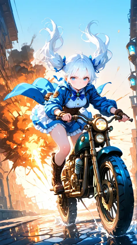 8k, masterpiece, best quality, ultra-detailed, high resolution, cinematic lighting, soft shadows, motion blur, speed lines, dynamic composition, intense motion,

a single cute anime-style girl, youthful and petite, stylized low head-to-body ratio, realisti...